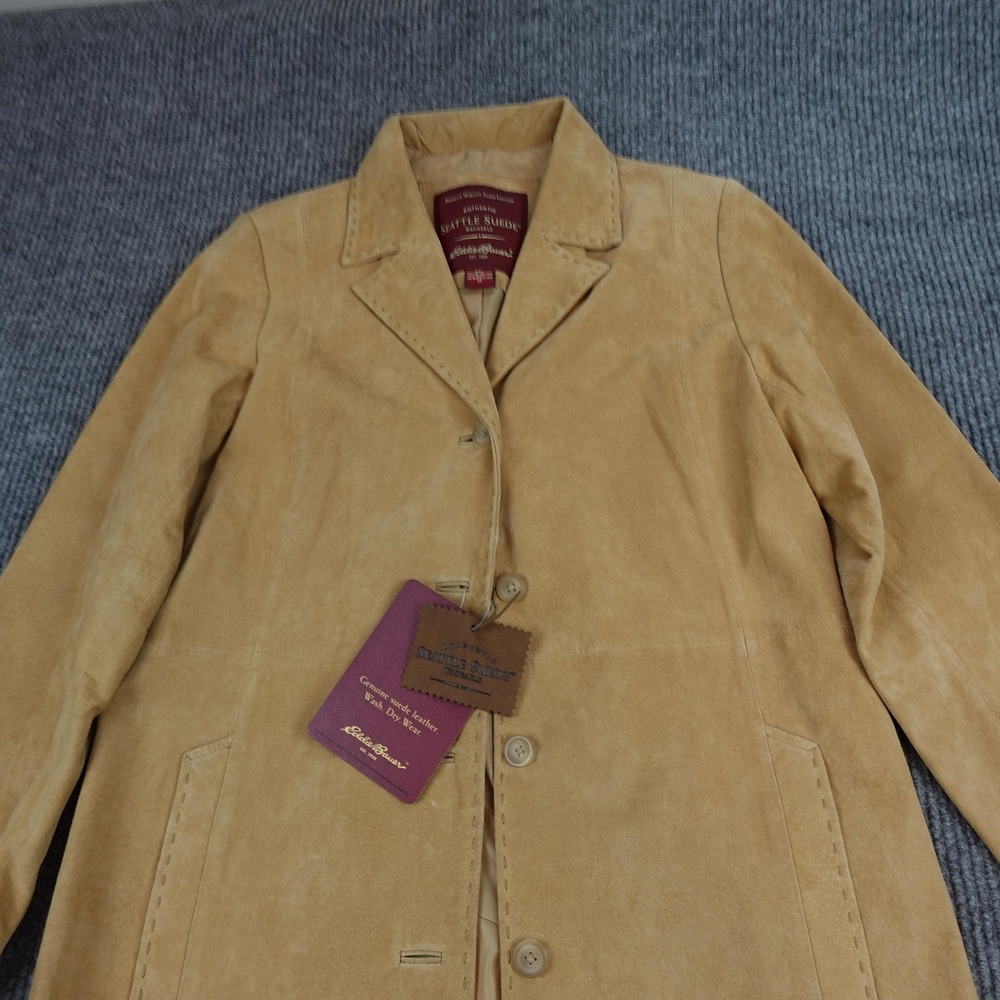 Eddie Bauer Seattle Suede Coat Womens Medium Beige Leather Long Lined Overcoat - Picture 2 of 10